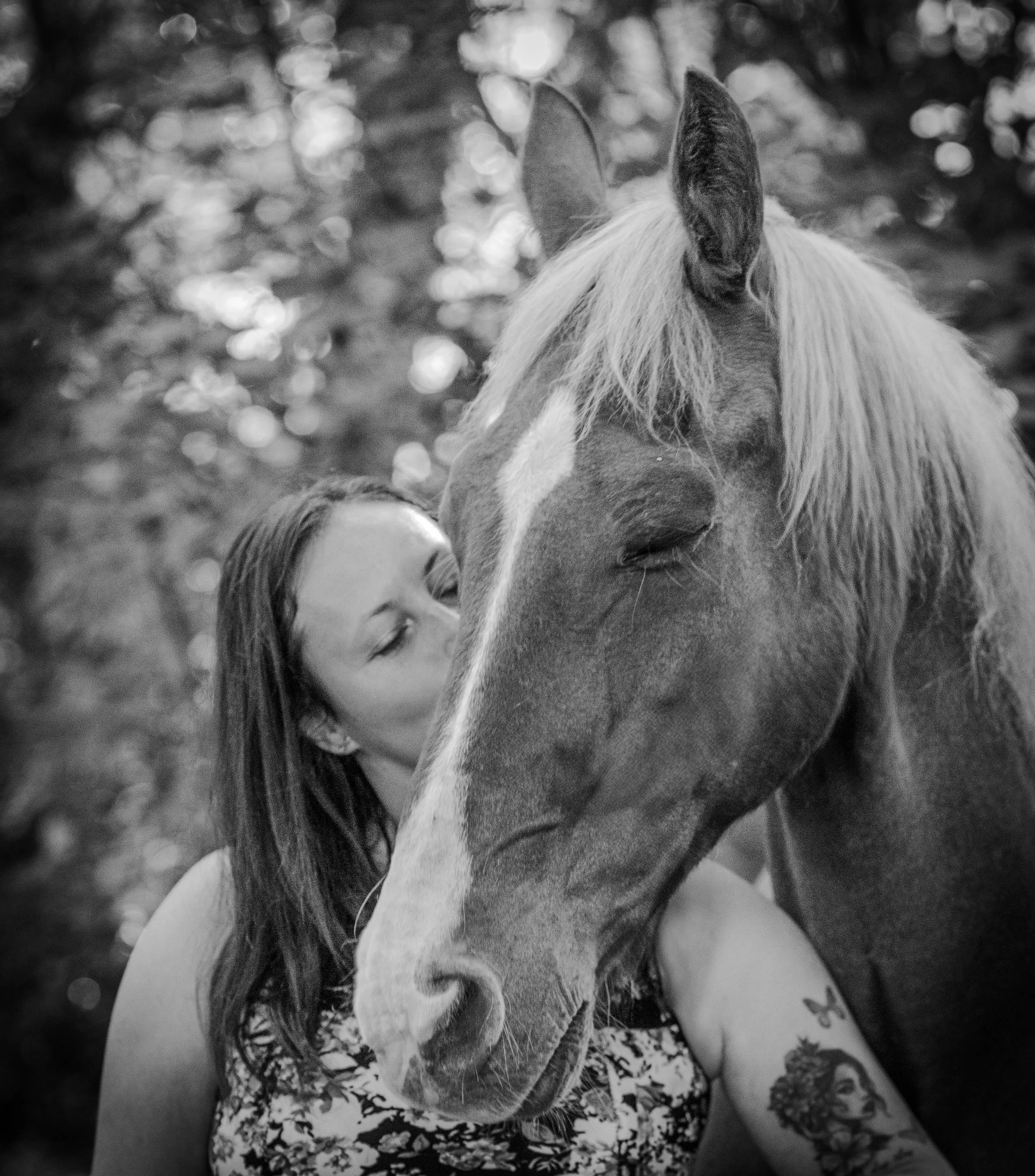 Une femme embrasse un cheval dans un environnement naturel.
