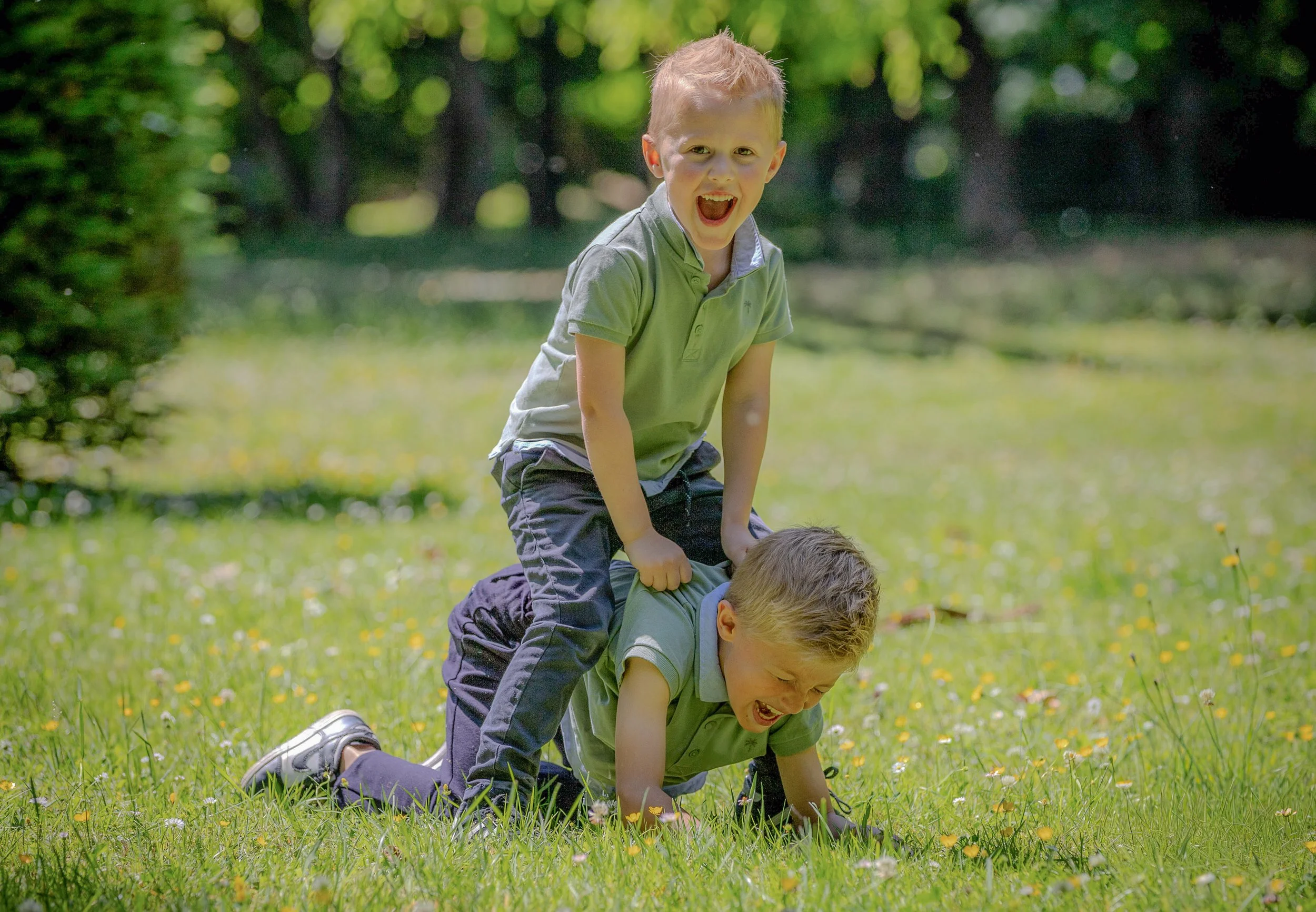 Deux jeunes garçons jouent dans un parc en plein air, l'un est à genoux sur l'herbe tandis que l'autre est à quatre pattes, debout sur lui, tous deux souriants et riant.