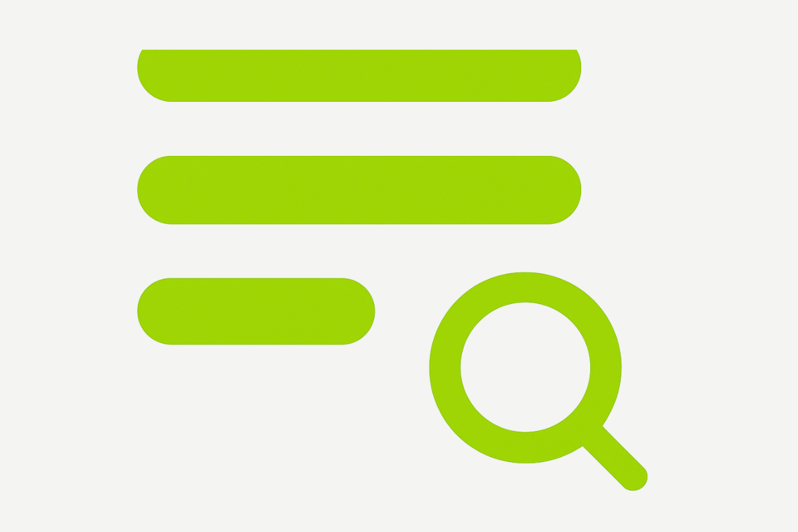 Green search icon with three horizontal lines and a magnifying glass on a light gray background.