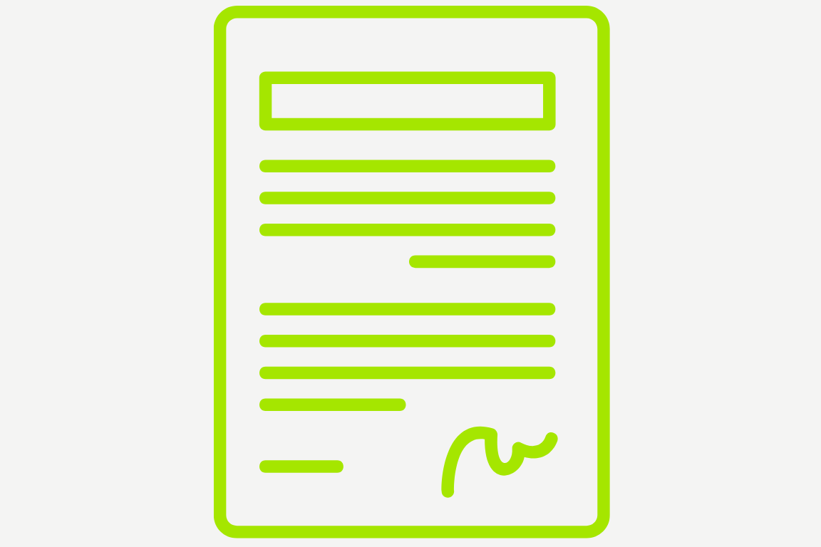 Outline of a document or certificate with lines of text and a signature at the bottom, all in bright green.