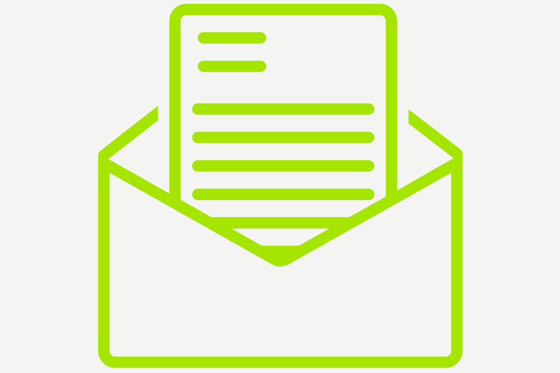 Green outline of an envelope with a letter inside.