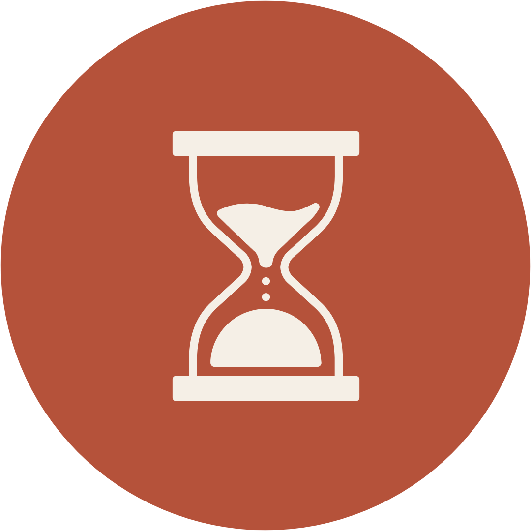 Icon of an hourglass with sand partially flowing from top to bottom, on a brown circular background.