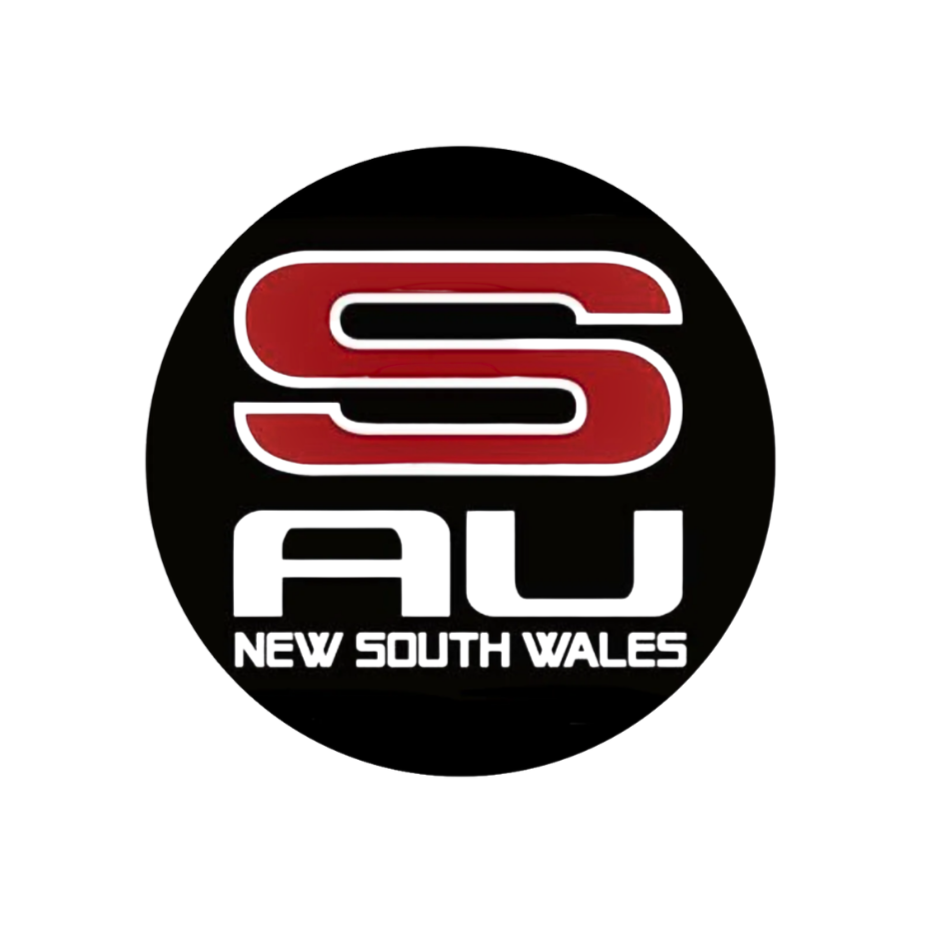 Logo with a large stylized red 'S' above the letters 'AU' and the words 'New South Wales' below, set against a black circular background.