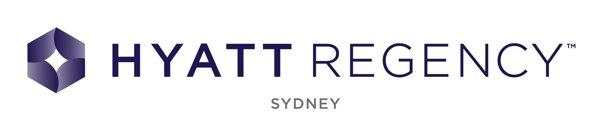 Hyatt Regency logo with text and a purple hexagonal icon