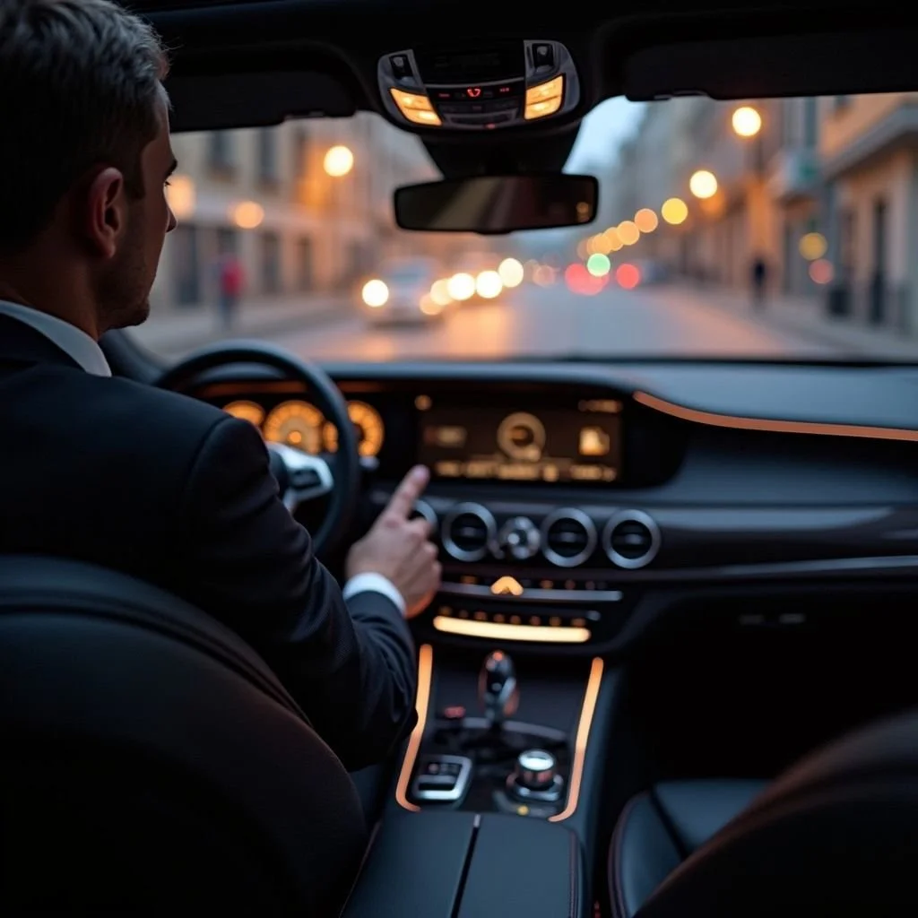 Binnenkant van een auto tijdens het rijden, met een man die aan het stuur zit en de weg voor zich bestuurt, verlichting en gebouwen zichtbaar buiten.