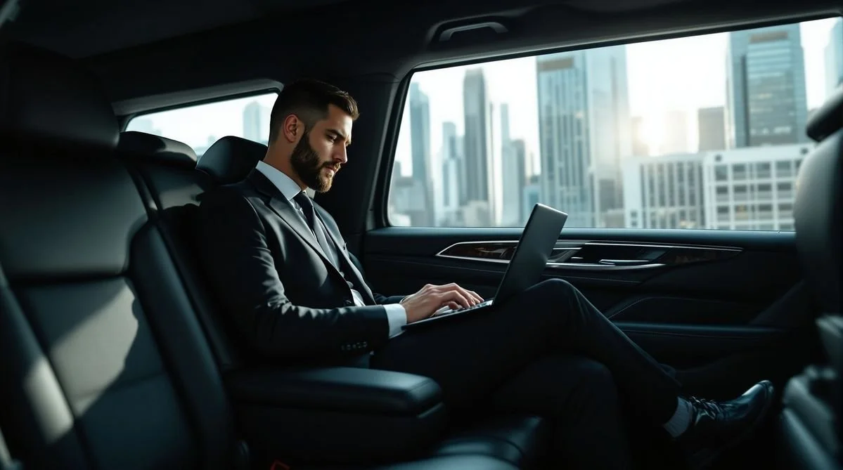 Man in pak met laptop zit in de achterbank van een luxe auto, met een stad met hoge gebouwen op de achtergrond.