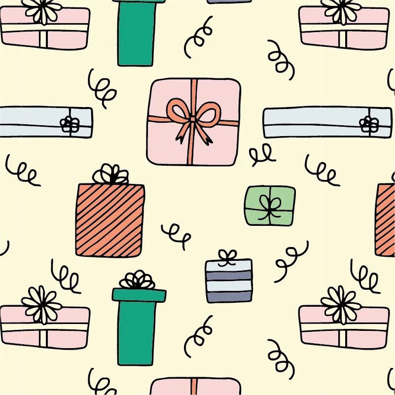 Pattern of various wrapped gift boxes with ribbons on a light background.