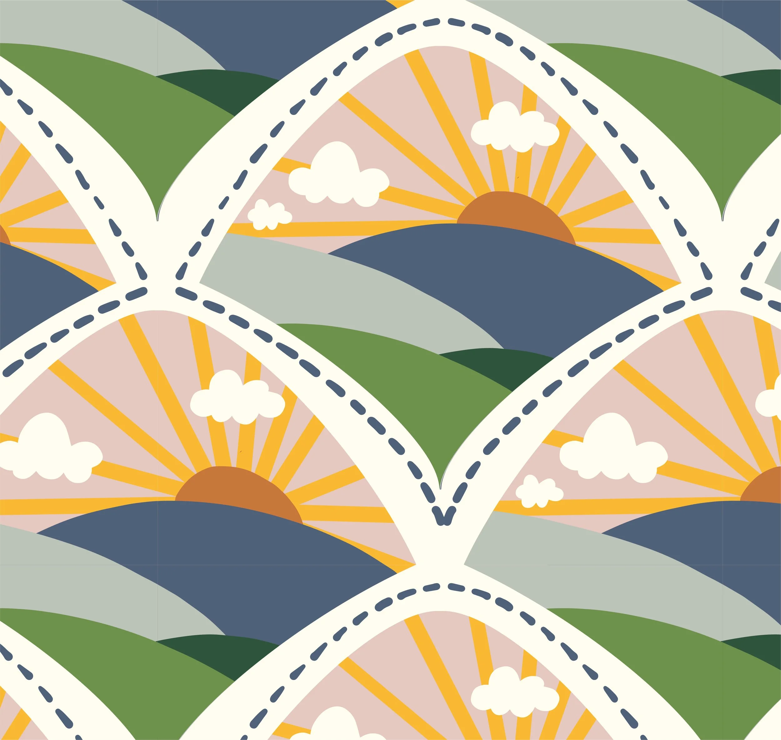 Pattern of sunrise over hills with clouds, stylized with dashed lines separating each scene.