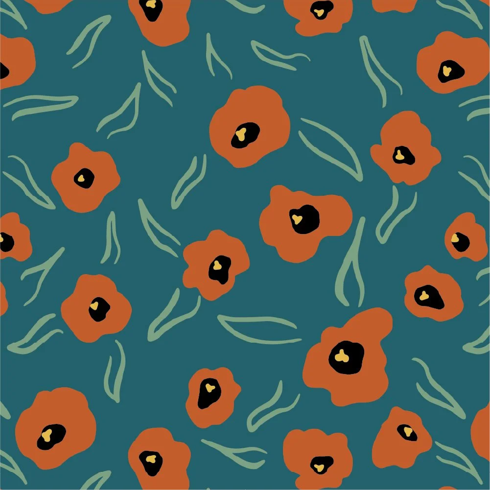A seamless pattern of orange flowers with black centers and yellow accents, scattered with light green leaves on a dark teal background.