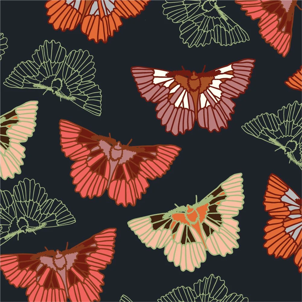 Pattern of colorful butterflies in shades of red, orange, and green on a dark background.