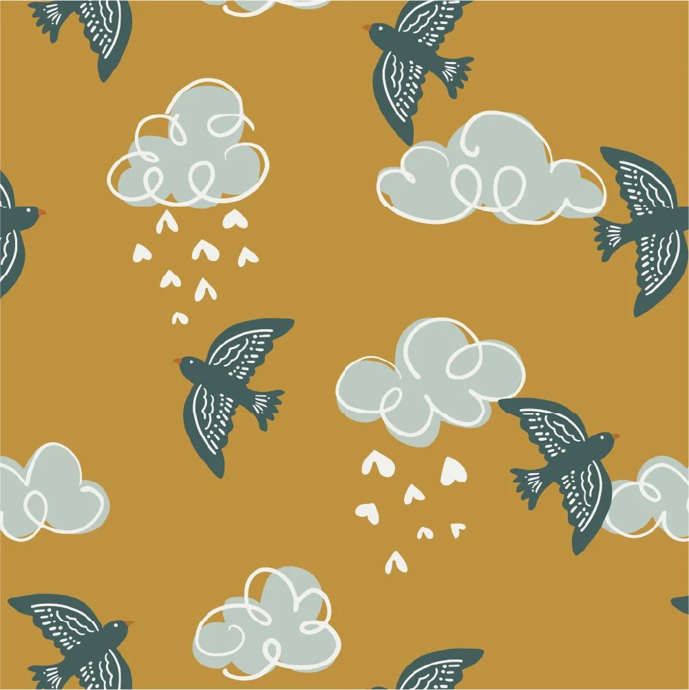 Pattern with white clouds and blue birds on a mustard golden background