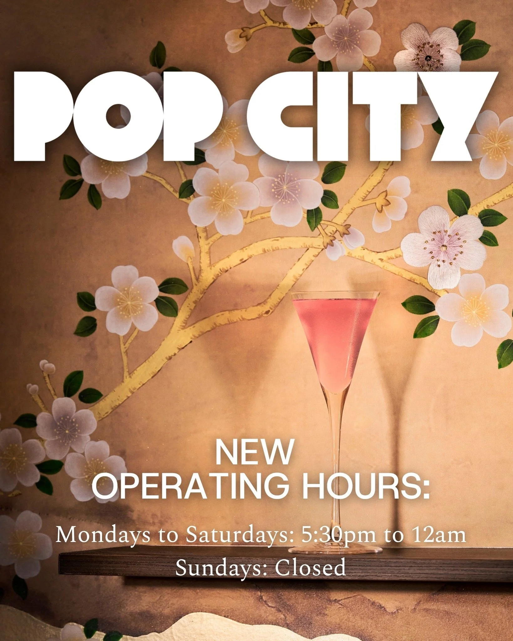 𝗪𝗘 𝗔𝗥𝗘 𝗡𝗢𝗪 𝗢𝗣𝗘𝗡 𝗢𝗡 𝗠𝗢𝗡𝗗𝗔𝗬𝗦! 💜💛

From Monday, 13 April onwards, we&rsquo;ll be open 6 days a week. Join us from 5:30pm for Happy Hour at Pop City, or stay a little longer and ease into the evening with delicious drinks over your