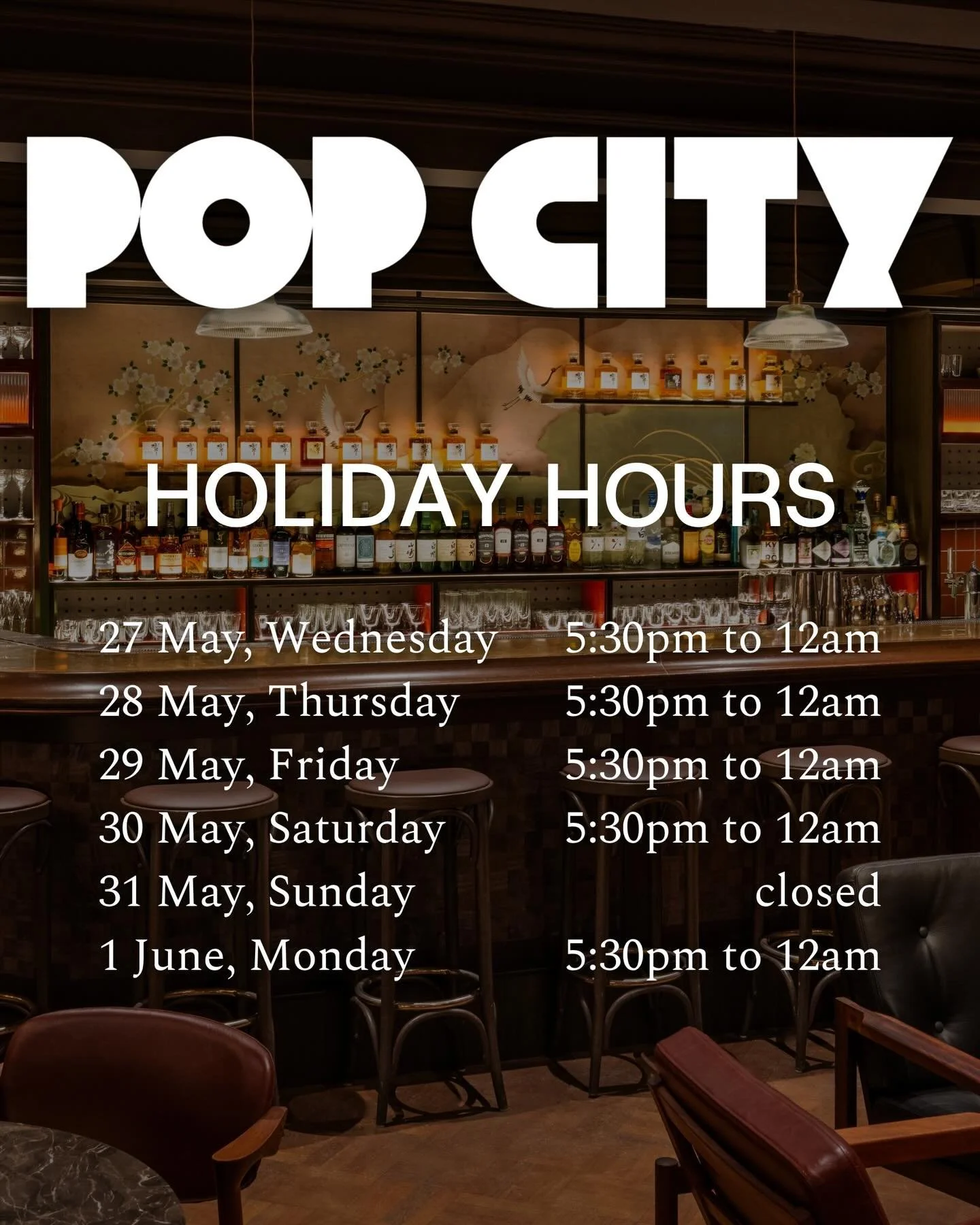 Looking for a spot to hang out during the upcoming public holidays? Join us at Pop City on 27 May and 1 June 🍸

Swing by for your boozy fix, favourite snacks, and an easy night out with us.