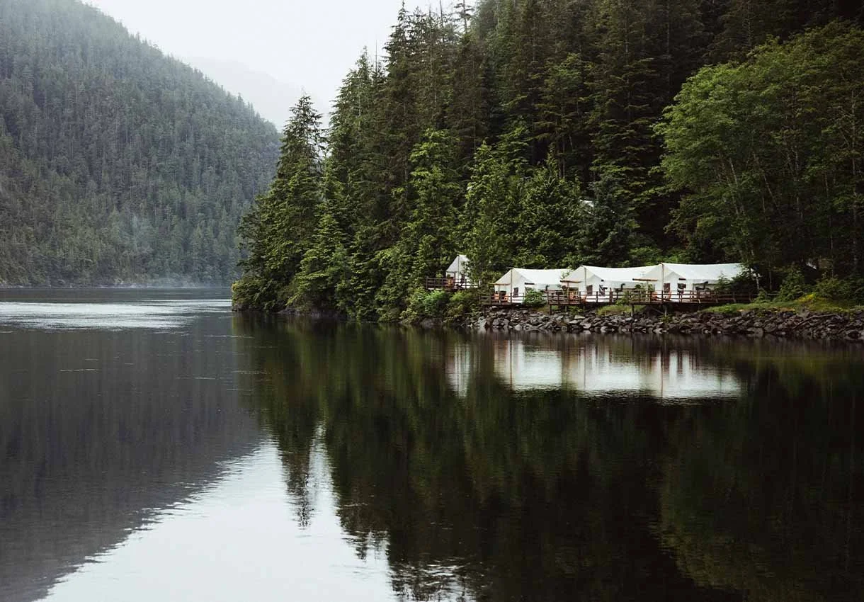 Tent camping site along a river with dense forested mountains in the background.