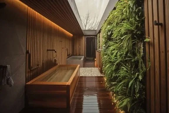 Indoor space with a wooden bathtub, a vertical garden wall with lush green plants, and warm lighting.