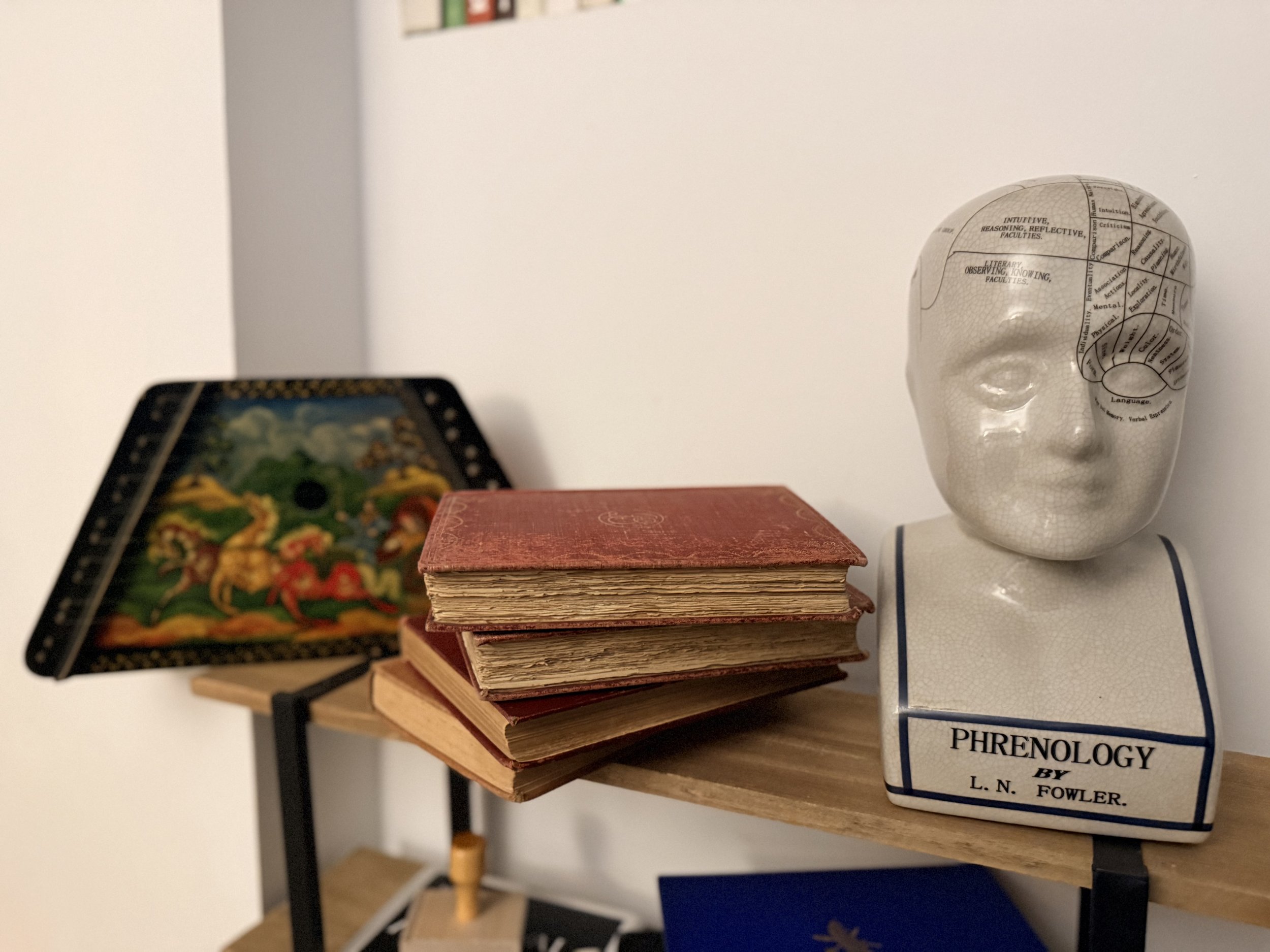 A wooden shelf holds a stack of old, worn books, a white ceramic head model labeled "Phrenology by L. N. Fowler," and a small decorative box with a colorful painting of animals. The background is a plain white wall.