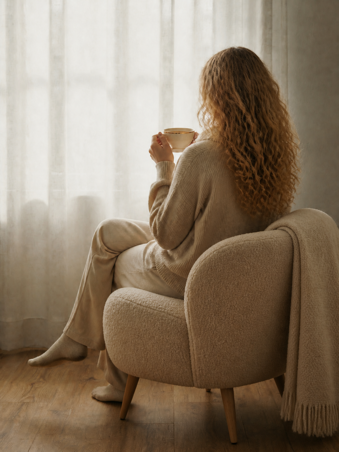 Femme traversant un deuil, assise seule près d'une fenêtre dans un moment de réflexion.