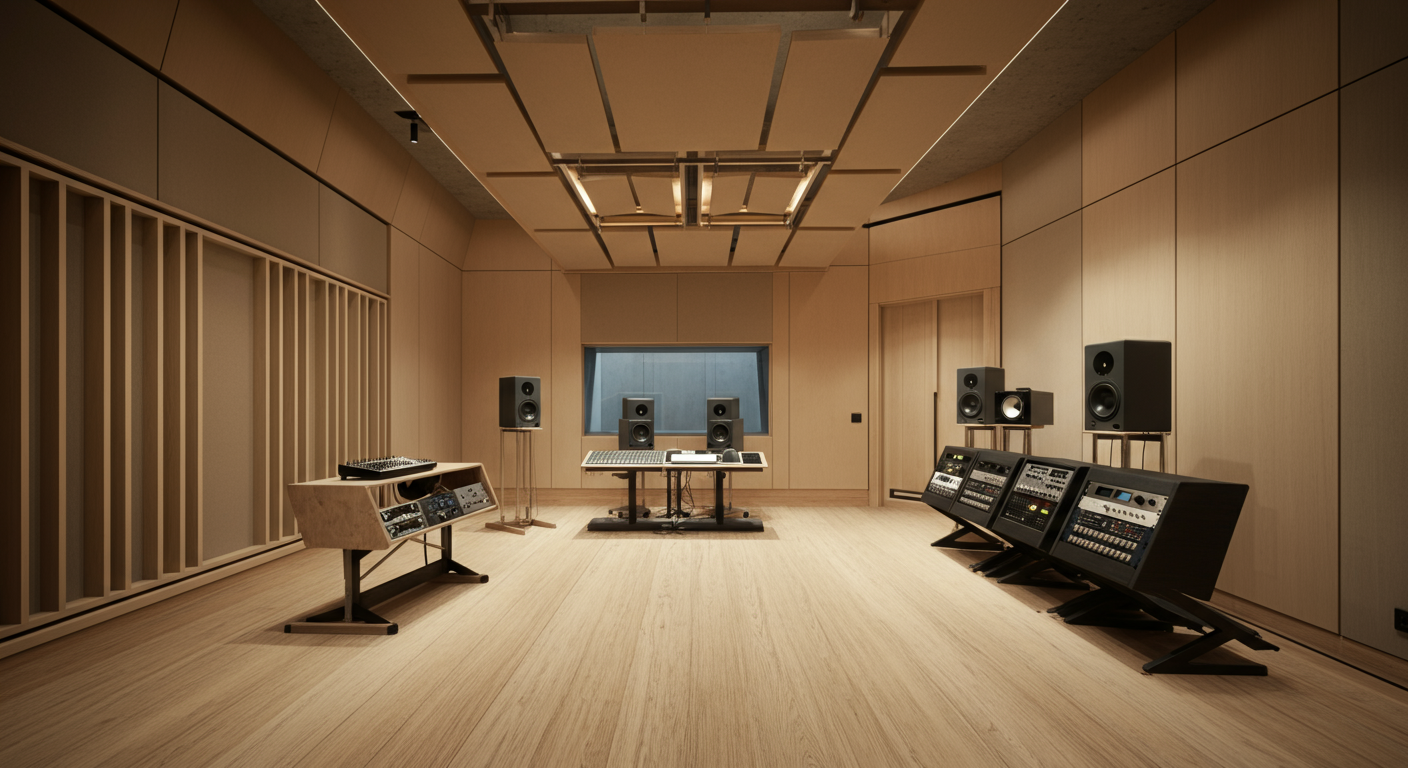 Recording studio with various audio equipment, speakers, and mixing consoles.