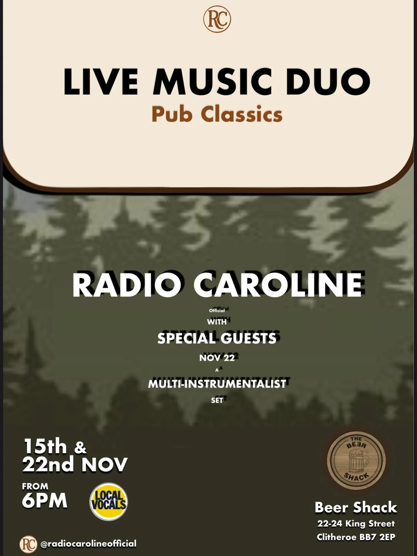 Find us tomorrow and next Saturday at The Beer Shack performing all your favourite pub classics 🎶 ALSO on the 22nd Local Vocals choir will be joining us to sing a long with some of the hits, and we welcome more people joining in! 💛