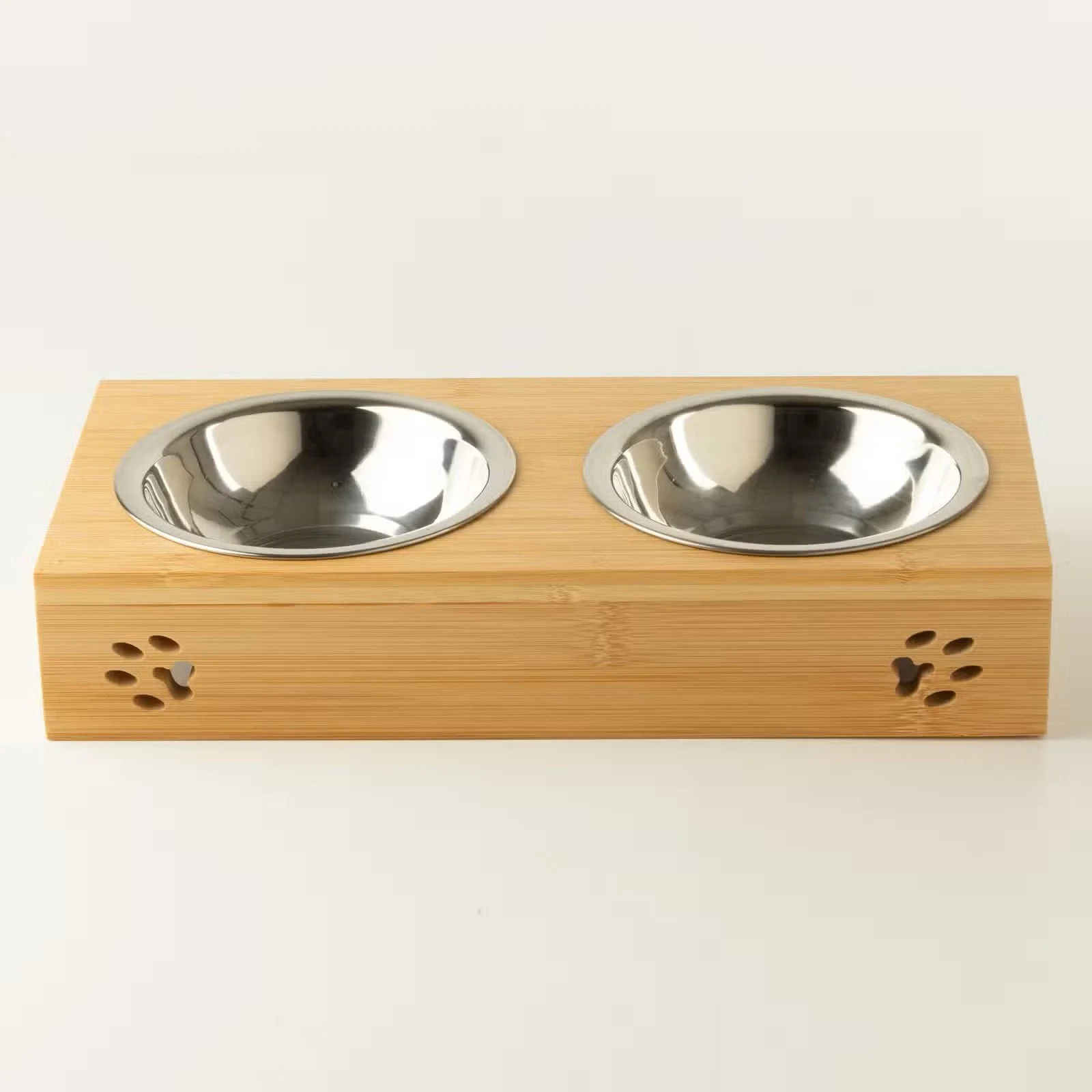 PAW Food Bowls - Double Stainless Steel in Wooden Stand - 2x12cm 3.jpg