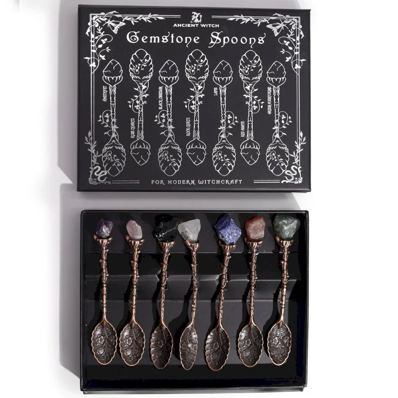 Set of 7 Bronze Gemstone Crystal Witch Spoons Image 1.jpg