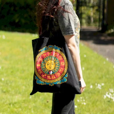 Zodiac Sun Black Cotton Tote Bag Image 4.jpg