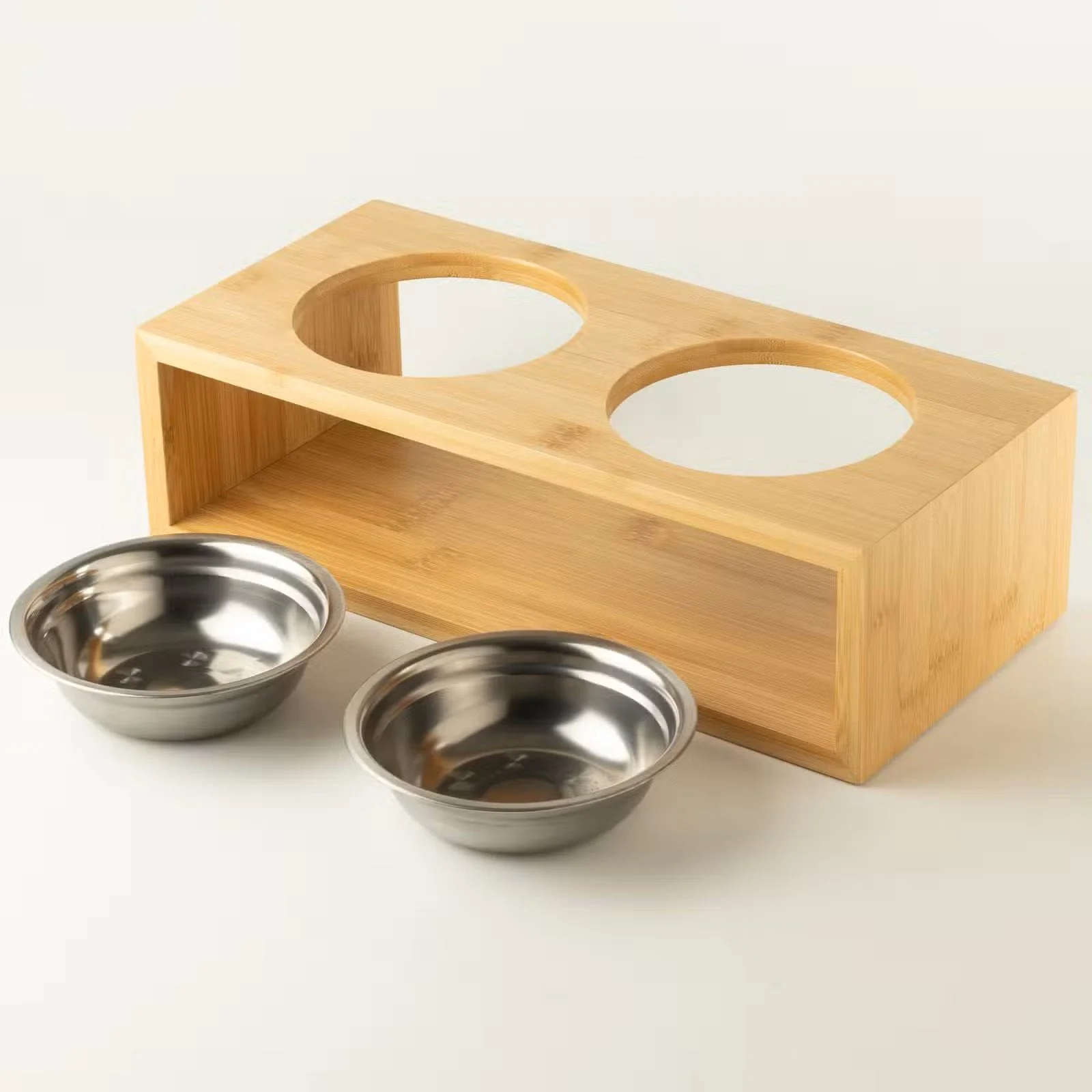 PAW Food Bowls - Large Double Stainless Steel (201) in Wooden Stand - 2x13cm 1.jpg