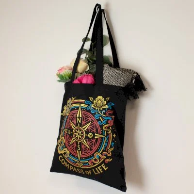 Compass of Life Black Cotton Tote Bag Image 3.jpg