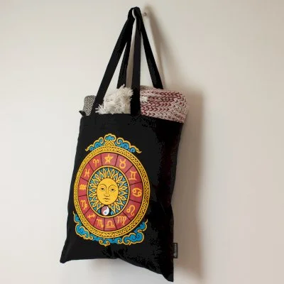 Zodiac Sun Black Cotton Tote Bag Image 3.jpg