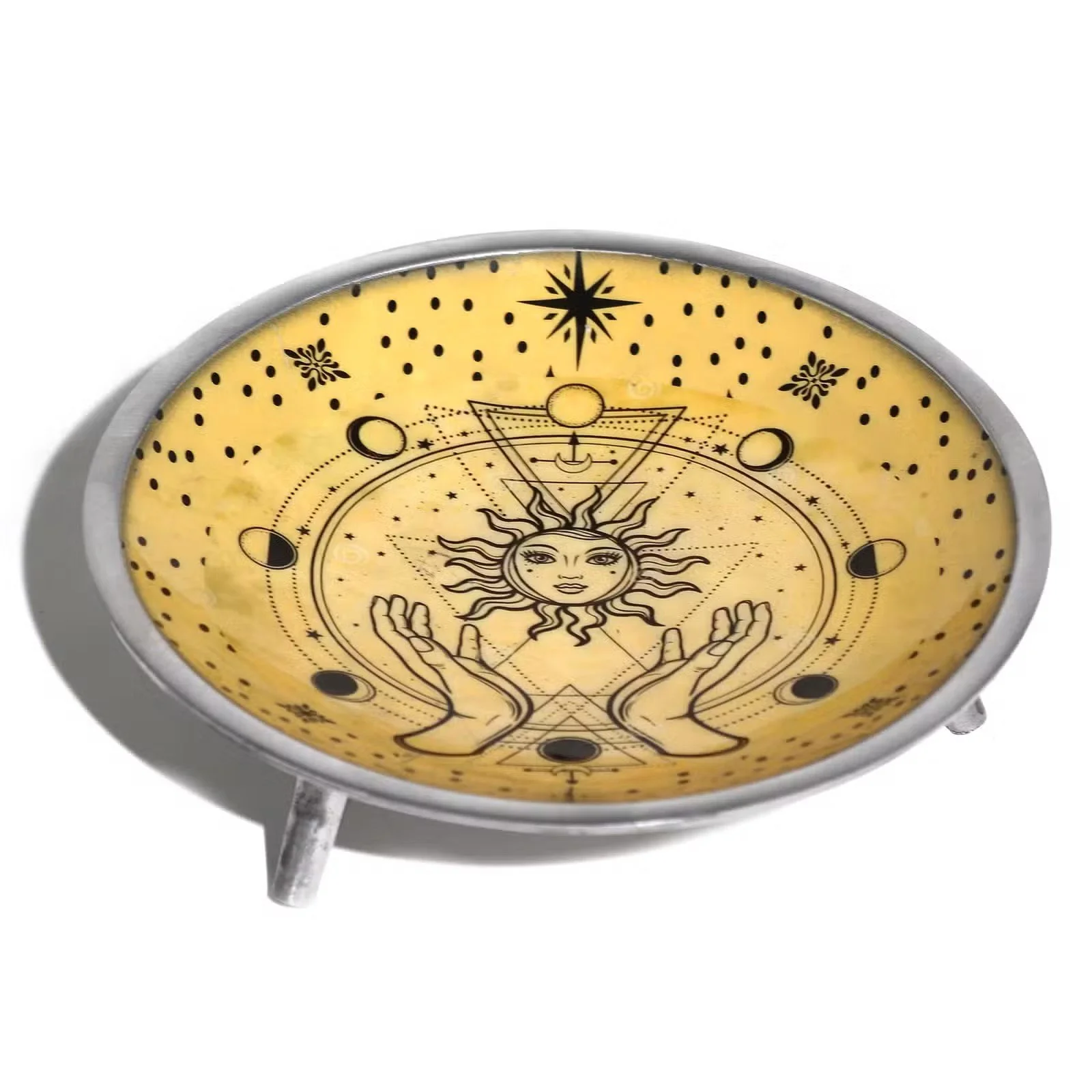 Triple Leg Enamelled Offering Plate - Hands & Sun.jpg