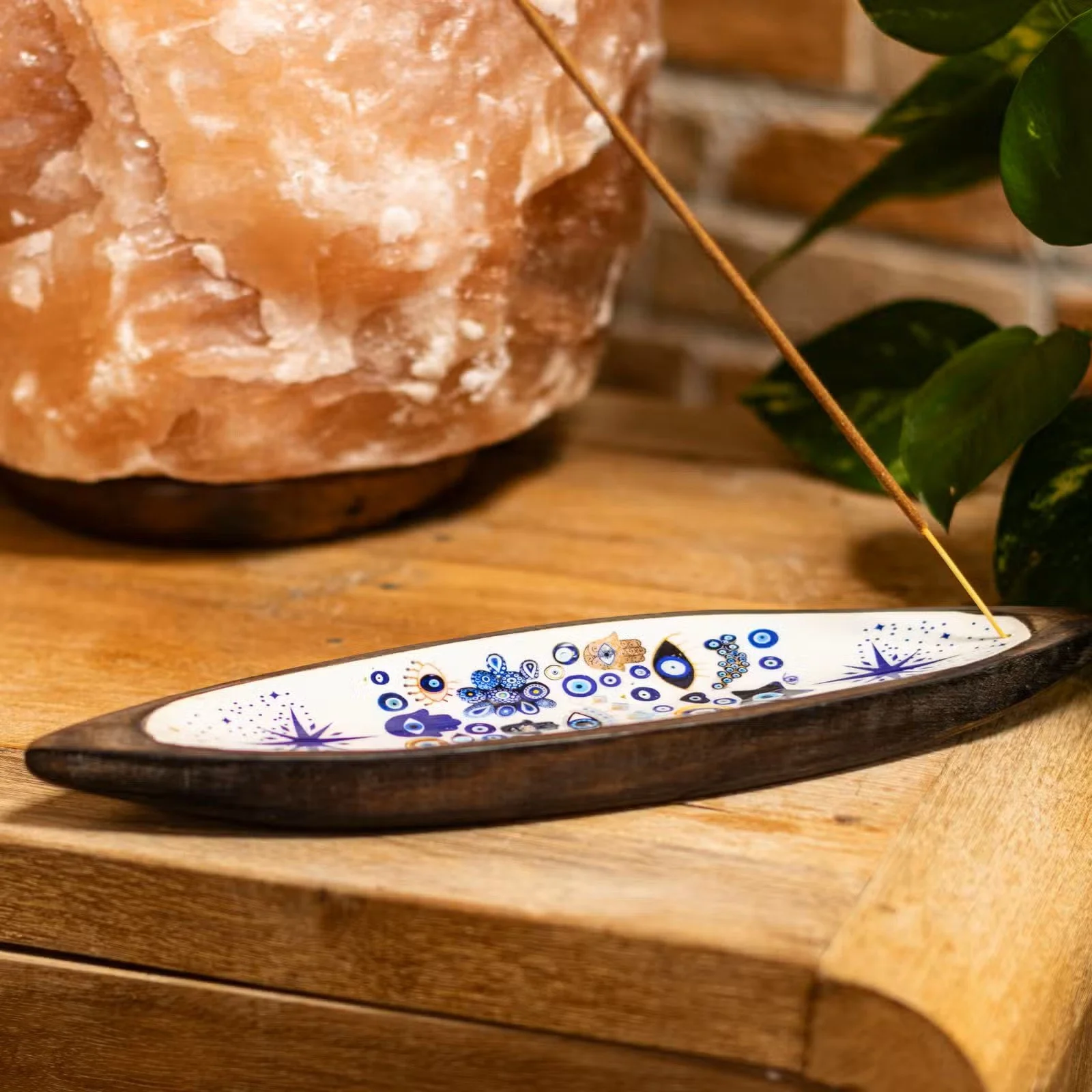 Enamel Incense Bowl - Mango Wood - Evil Eye 2.jpg