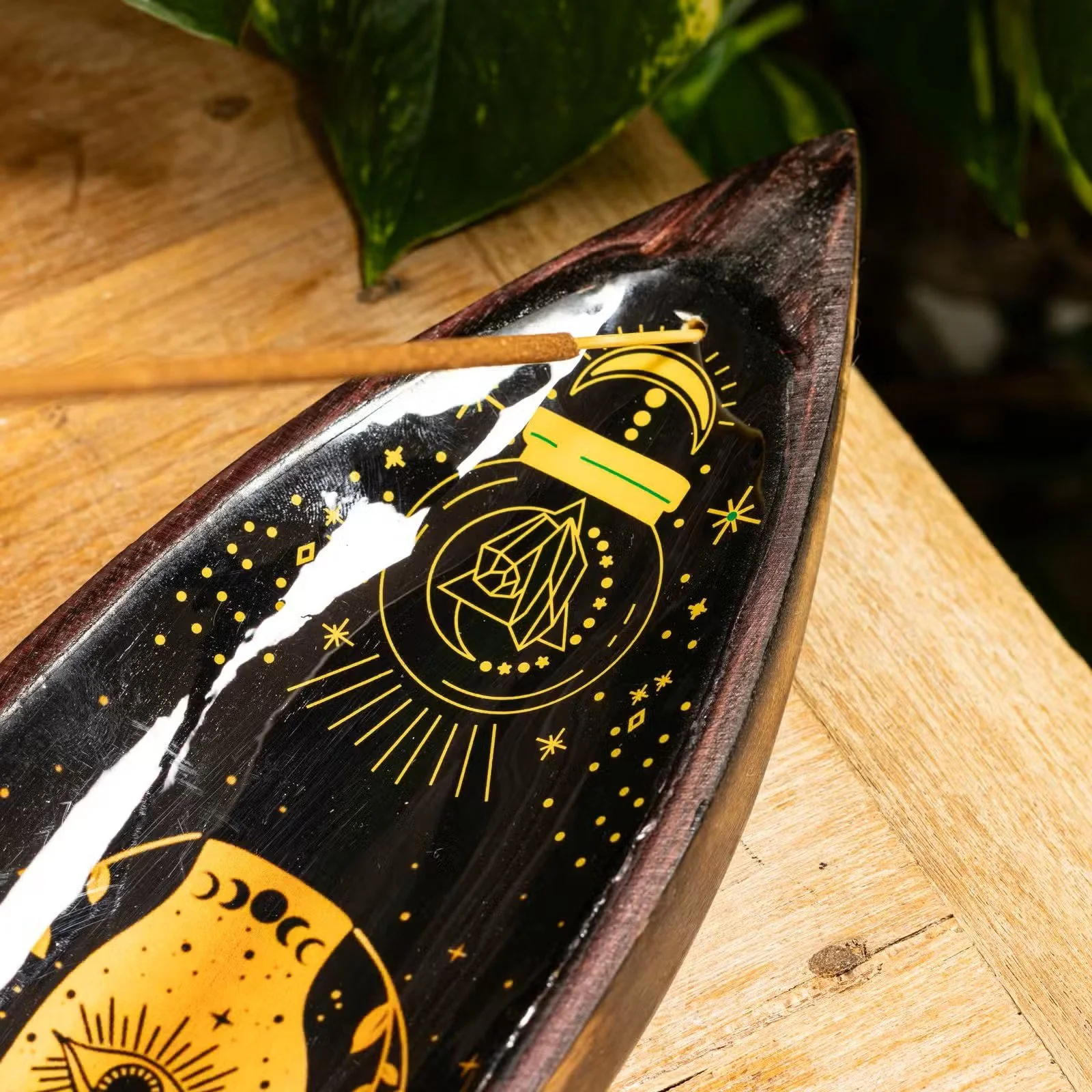 Enamel Incense Bowl - Mango Wood - Hamsa 3.jpg