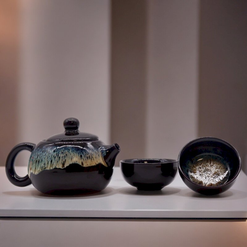 Herbal Black Glaze Teapot Set - Pot & Two Cups Image 1.jpg