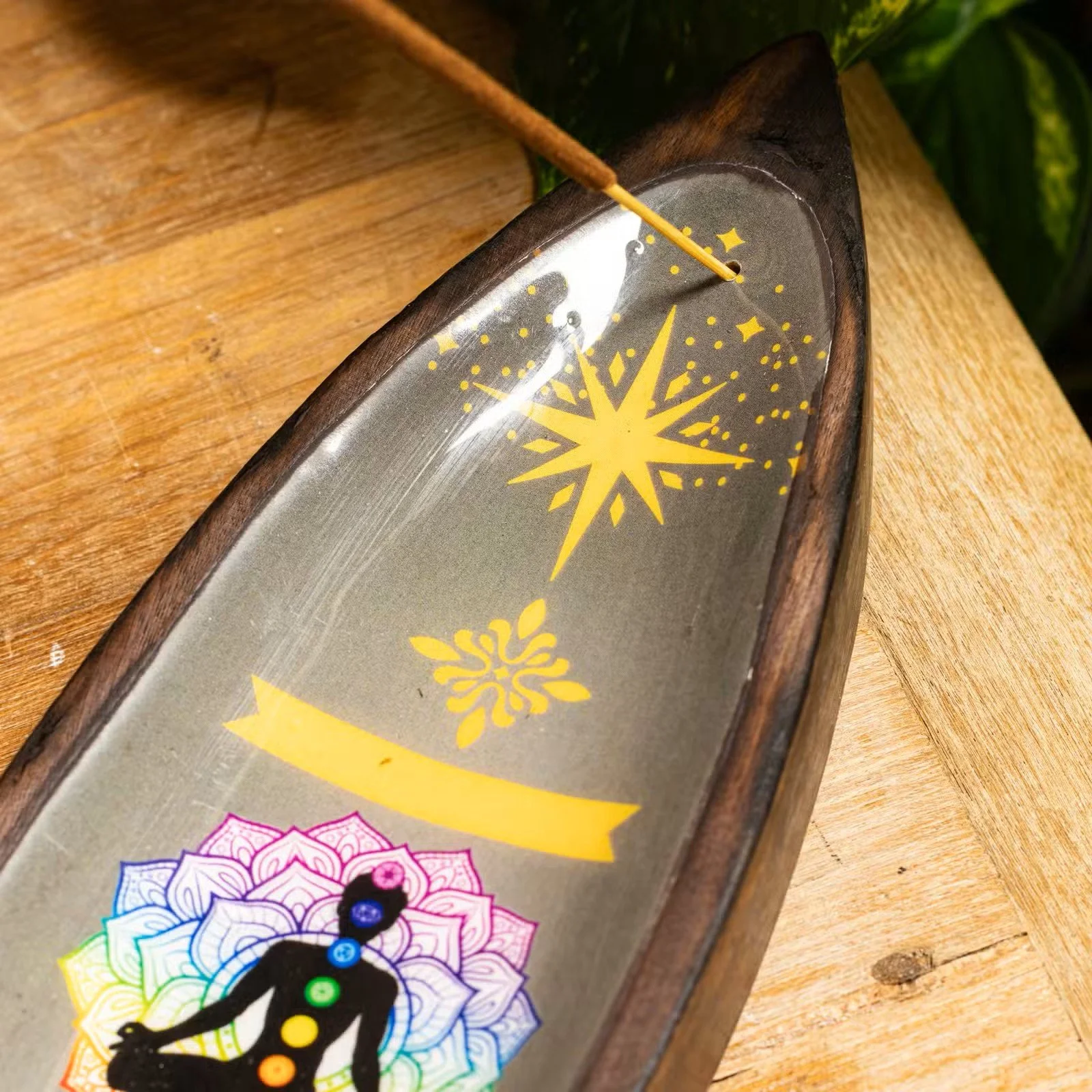 Enamel Incense Bowl - Mango Wood - Chakra 3.jpg