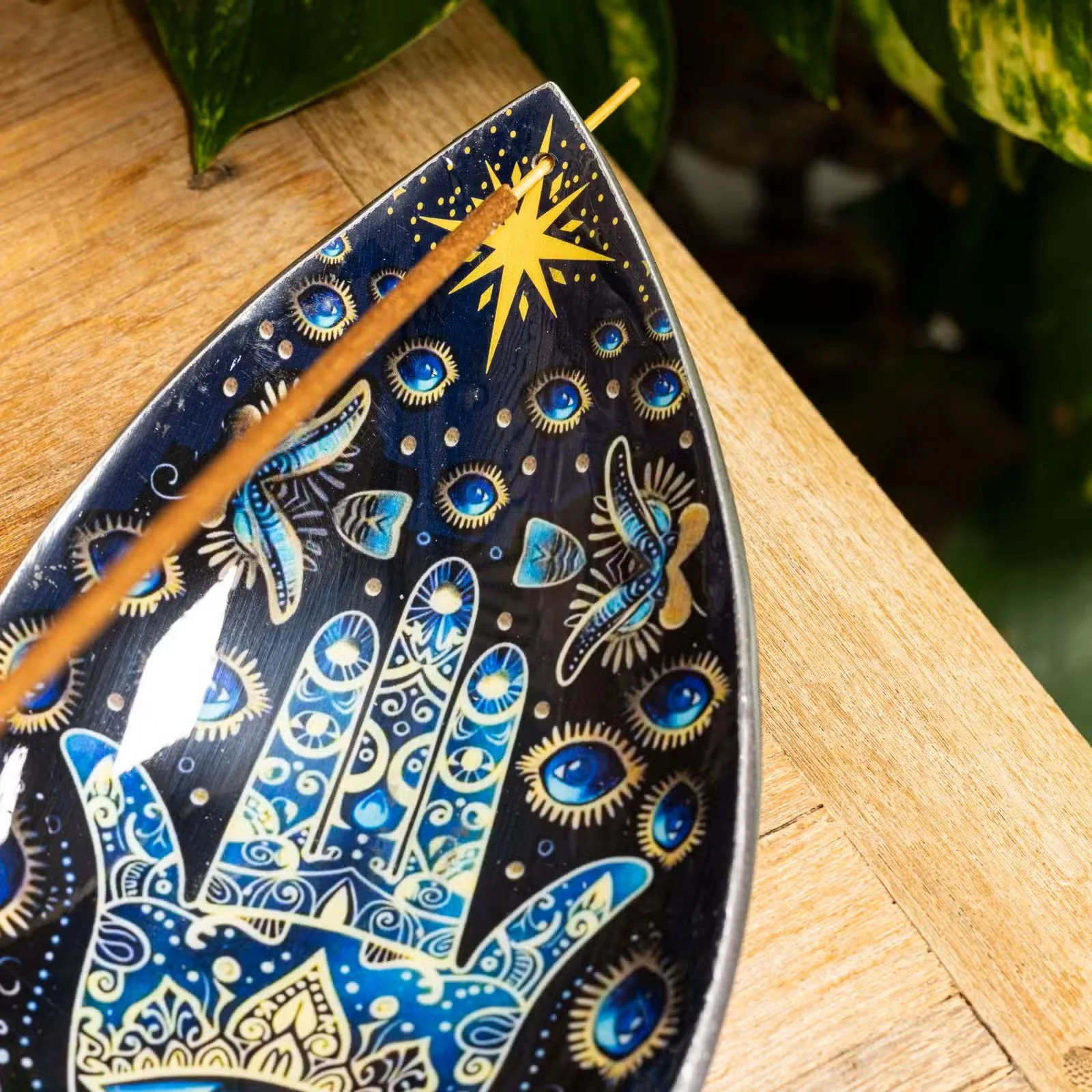 Enamel Incense Bowl - Aluminum - Blue Hamsa 3.jpg