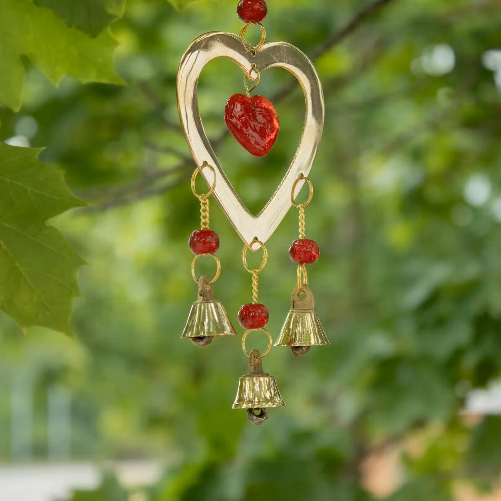 Indian Chimes - Brass With Ruby Glass Heart Beads - 3 Bells 3.jpg
