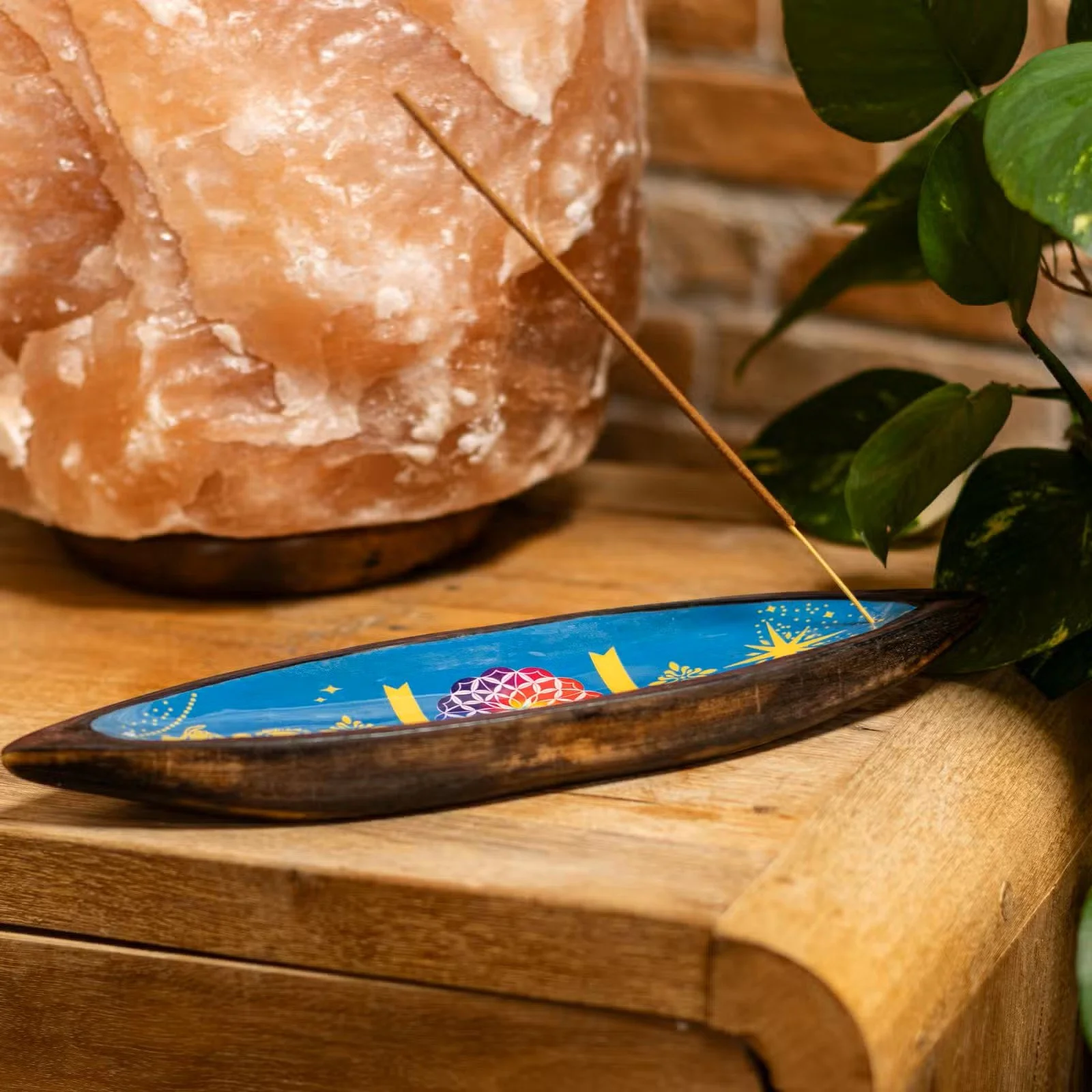 Enamel Incense Bowl - Mango Wood - Mandala 2.jpg
