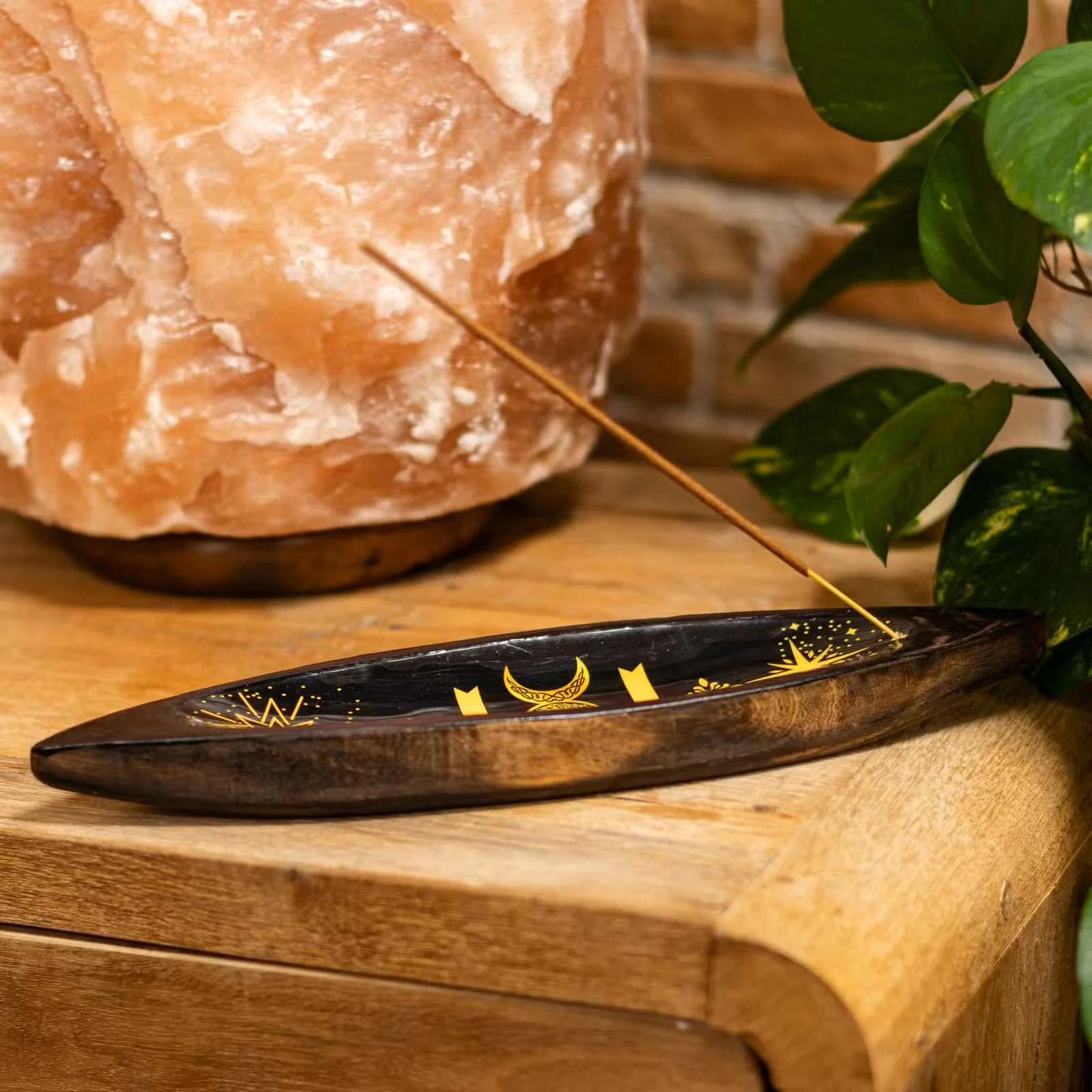 Enamel Incense Bowl - Mango Wood - Triple Moons 2.jpg