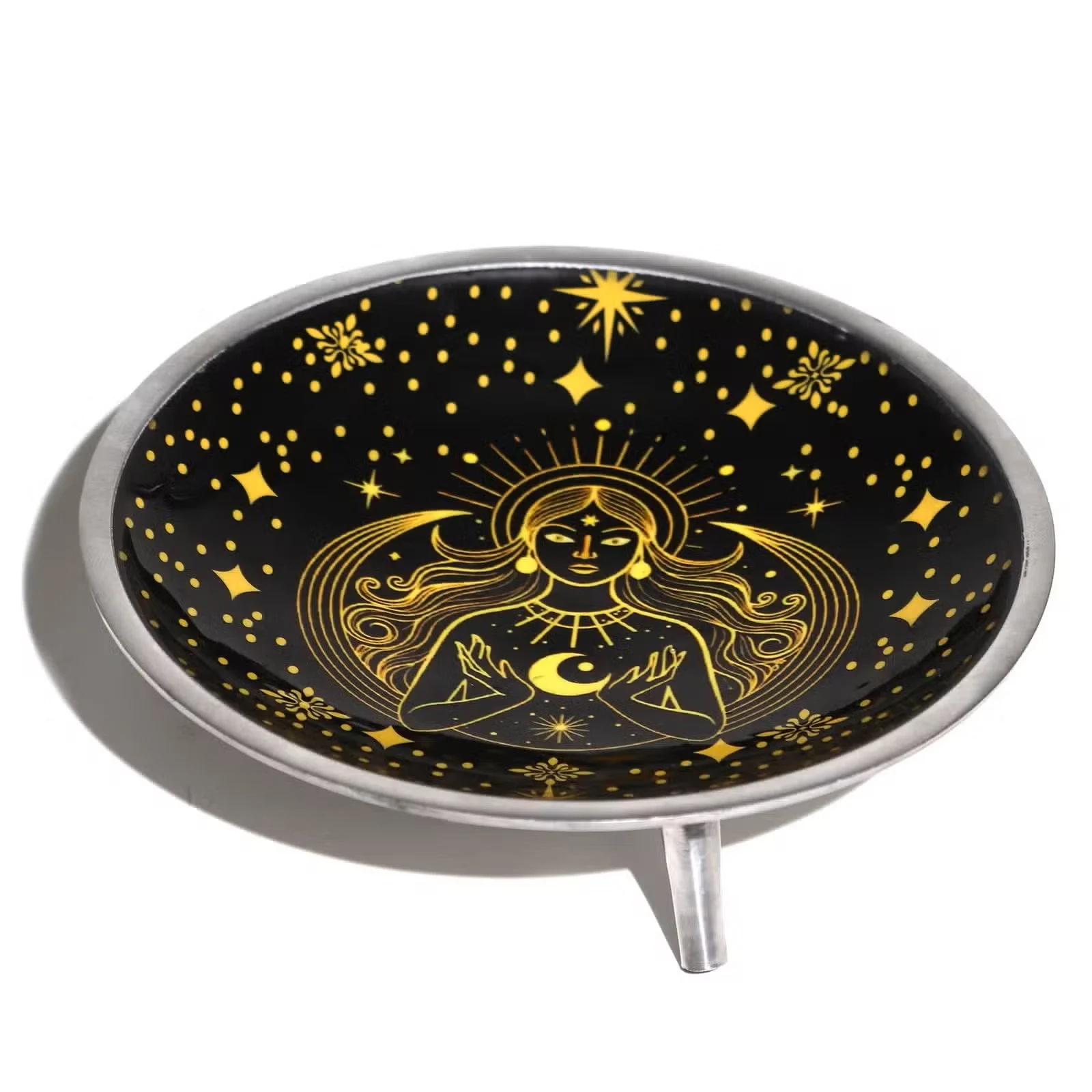 Triple Leg Enamelled Offering Plate - Gold Goddess on Black.jpg
