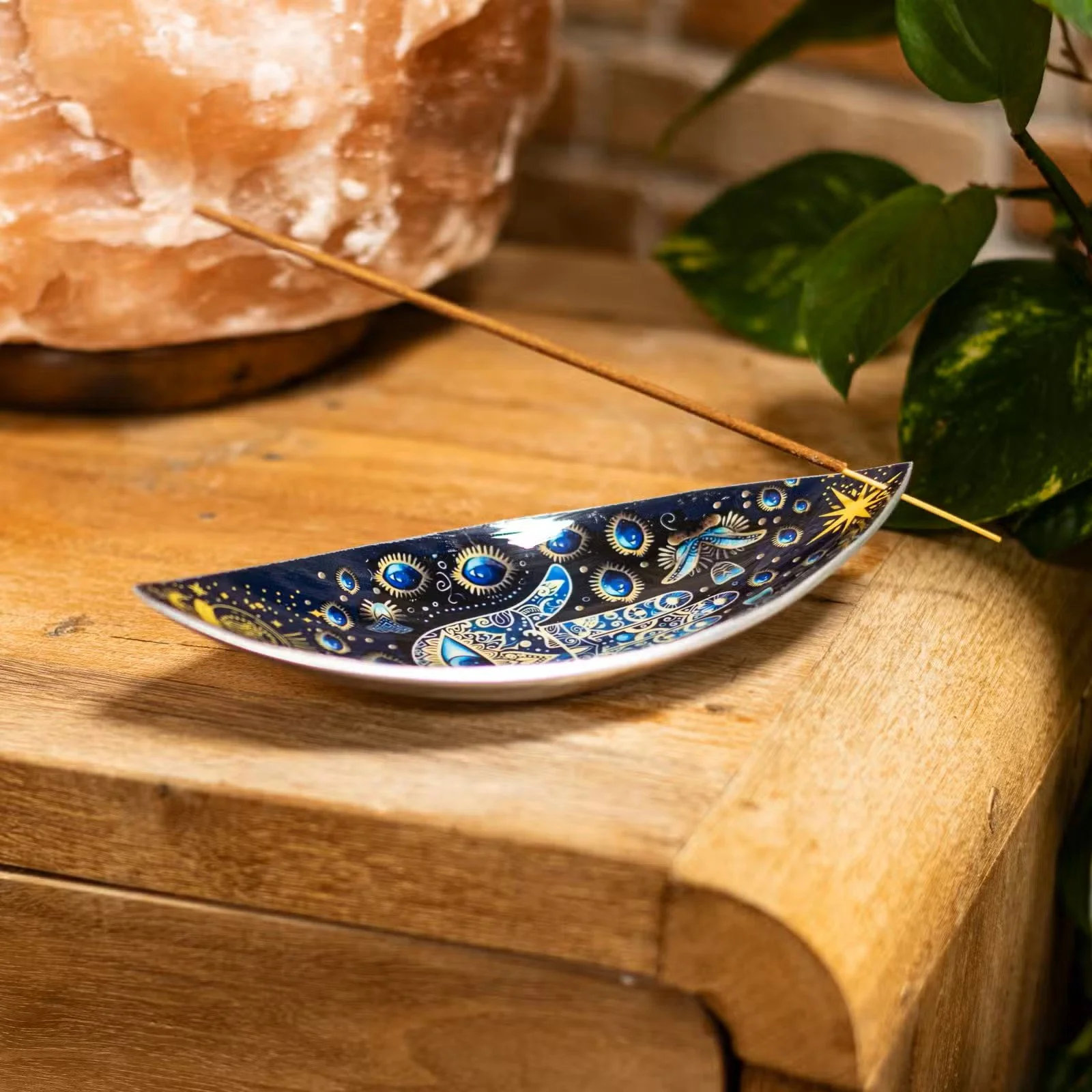 Enamel Incense Bowl - Aluminum - Blue Hamsa 2.jpg