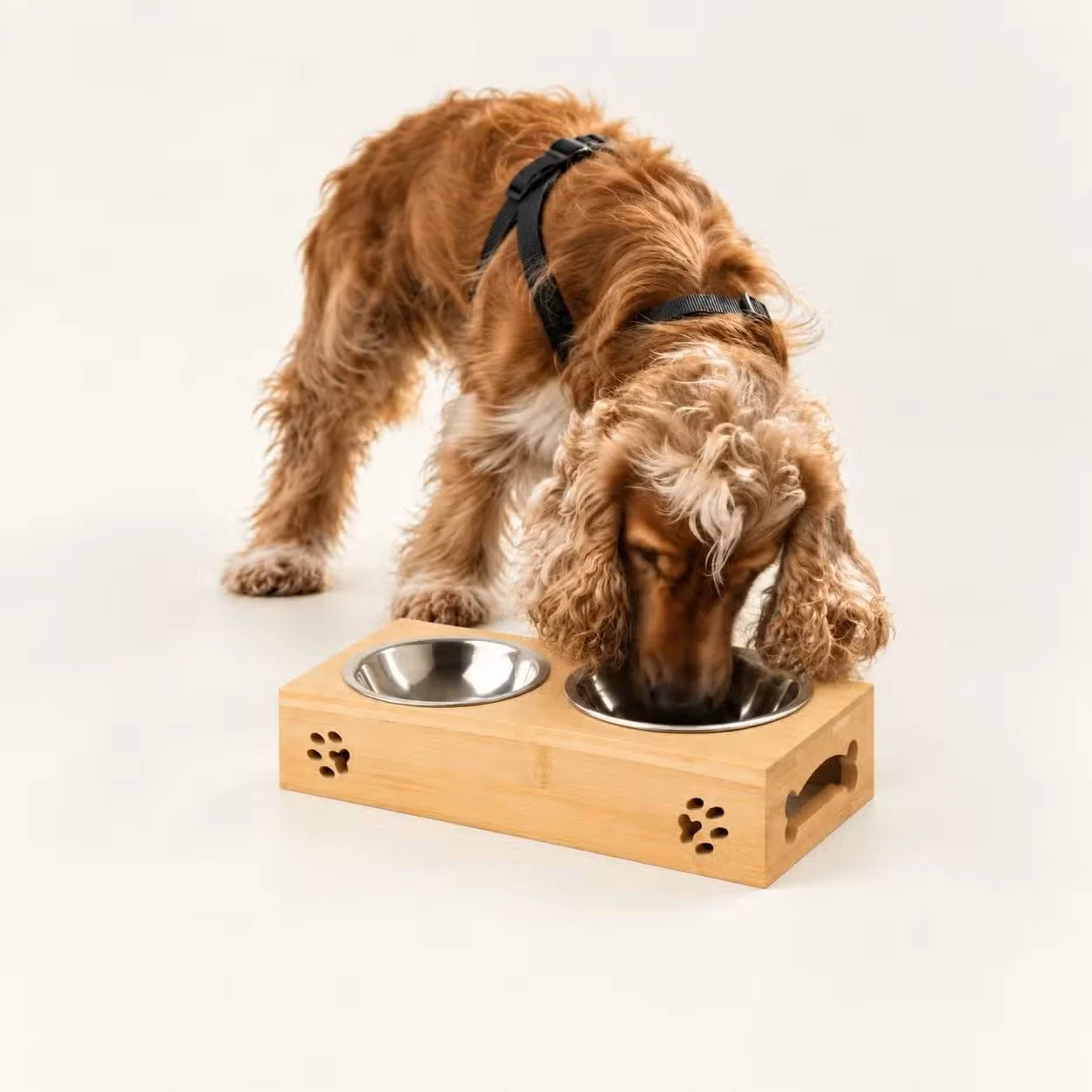 PAW Food Bowls - Double Stainless Steel in Wooden Stand - 2x12cm 2.jpg