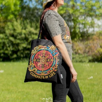 Compass of Life Black Cotton Tote Bag Image 4.jpg