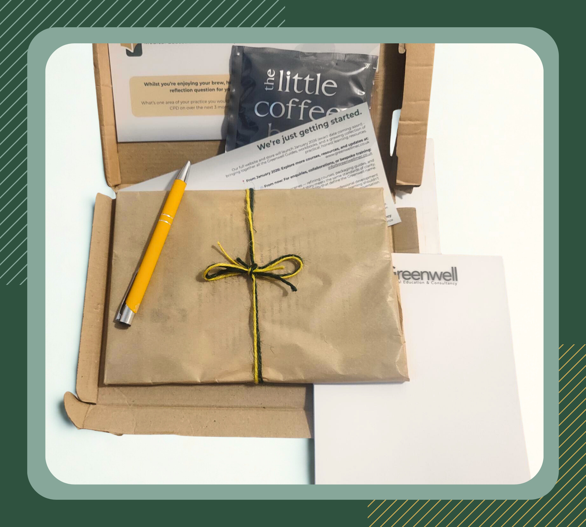 Open cardboard box containing papers, a yellow pen, and a small packet labeled 'the little coffee box,' with a printed note inside.