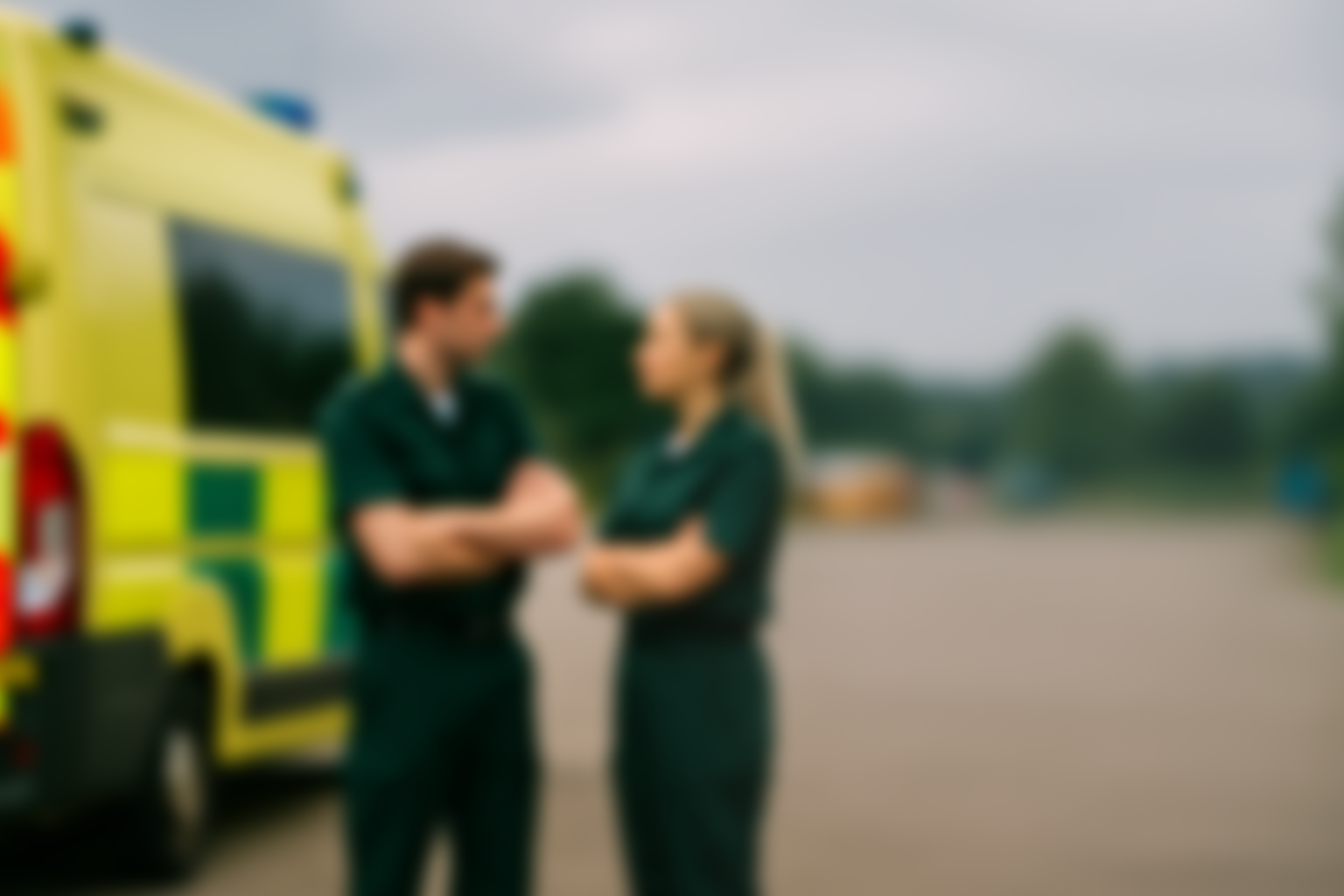 Two emergency responders, a man and a woman, are standing and talking near a yellow emergency vehicle on an overcast day.