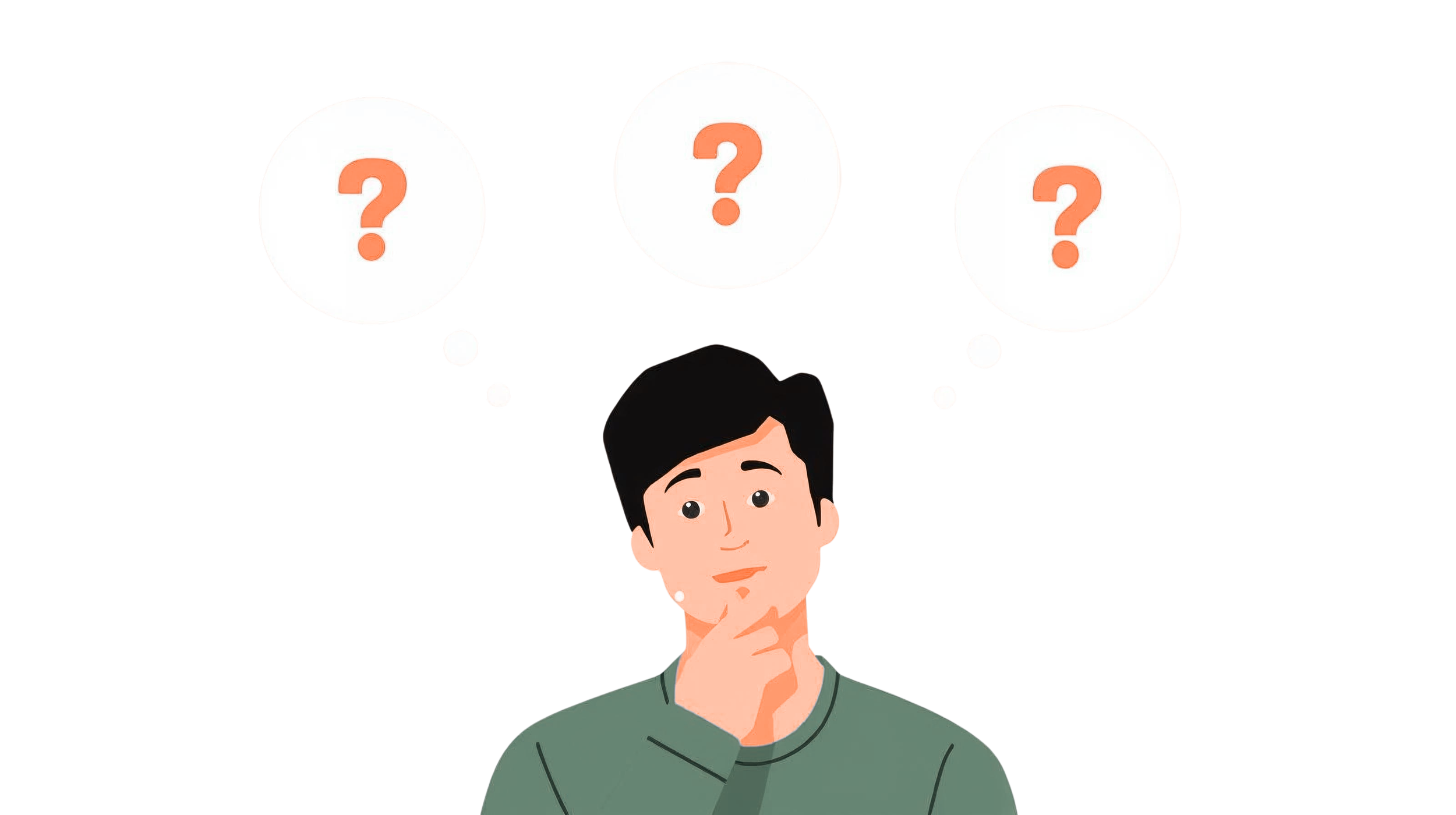 A flat vector image of a man thinking with three thought bubbles with question marks