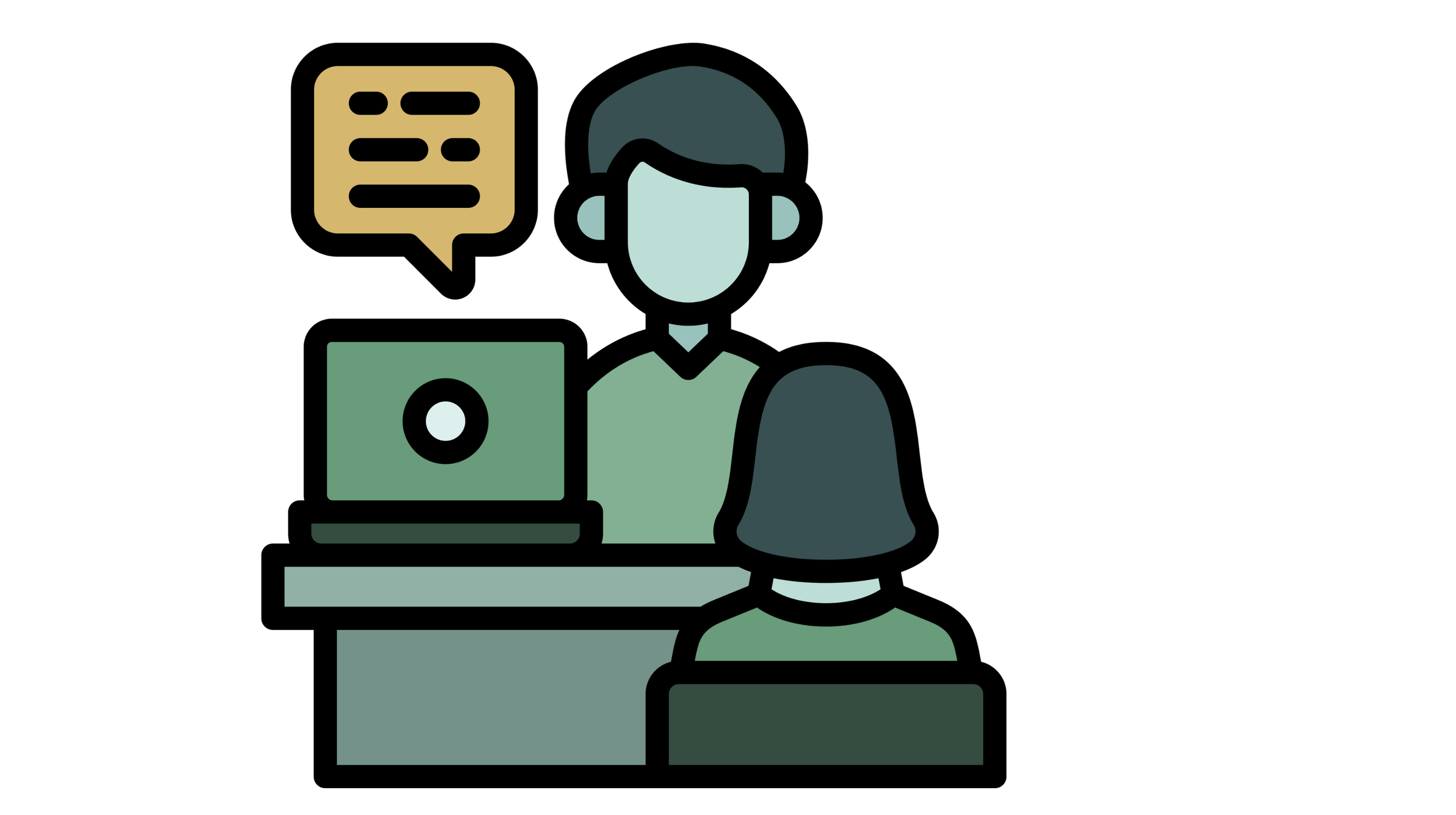 Illustration of a person speaking with a customer service representative at a desk with a laptop, and a speech bubble with lines indicating conversation.