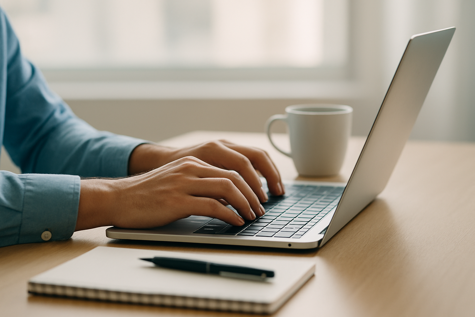 Person typing on a laptop with a notebook and pen on a wooden desk, and a white coffee mug nearby.