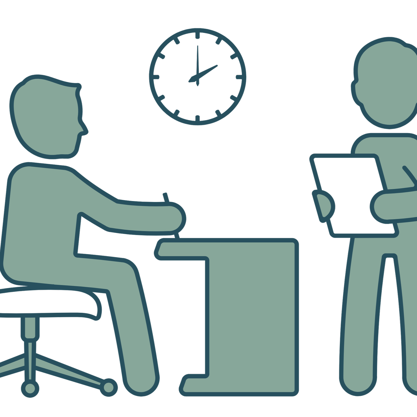 2 people working, one at a desk, one holding paper