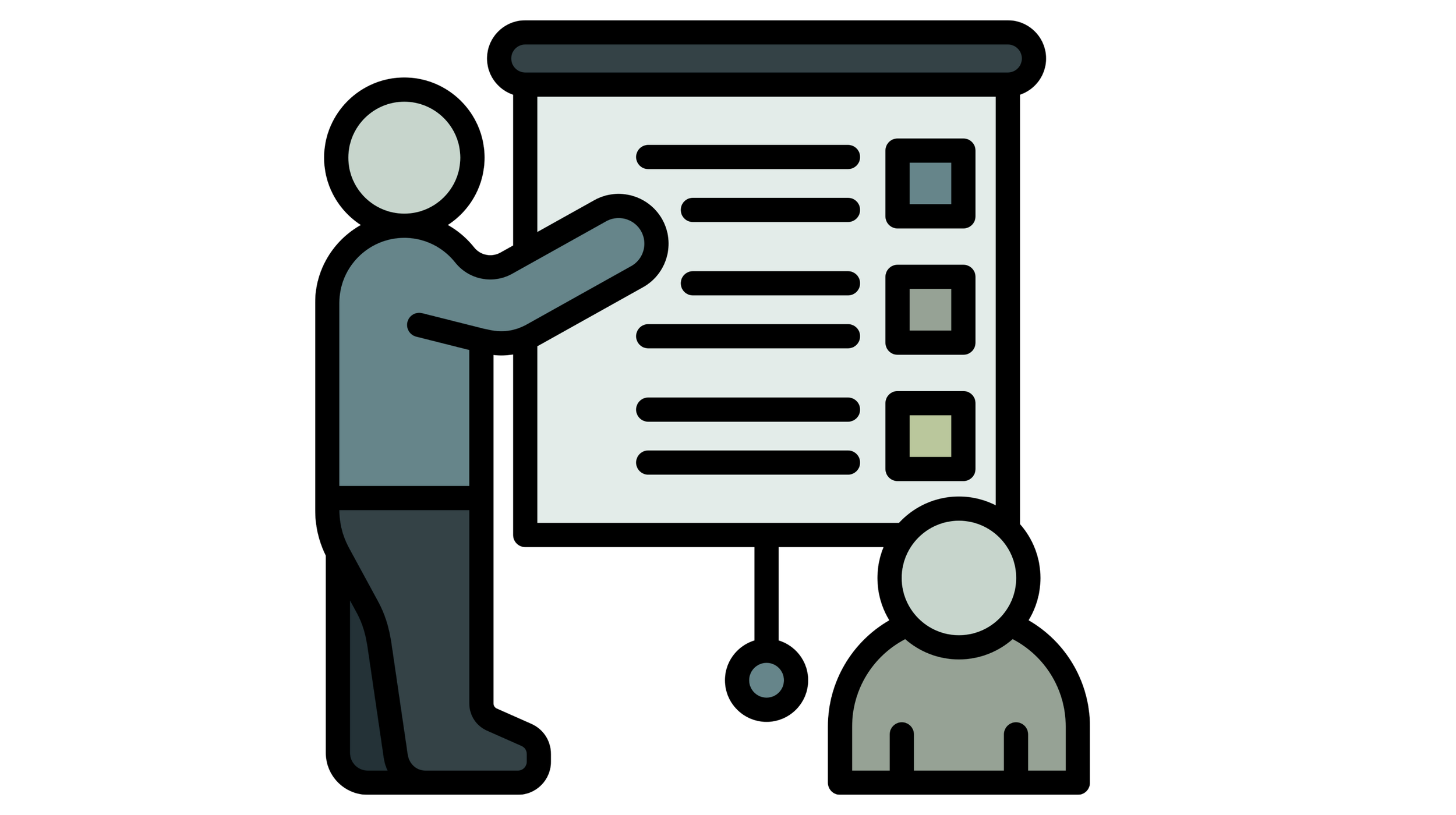 Illustration of two people, one standing and pointing at a large checklist or presentation board, the other person sitting or kneeling, listening.