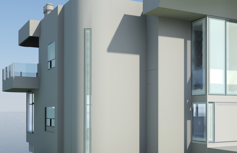 Close-up of a modern building facade with large glass windows and balconies, with shadows cast by the structure.